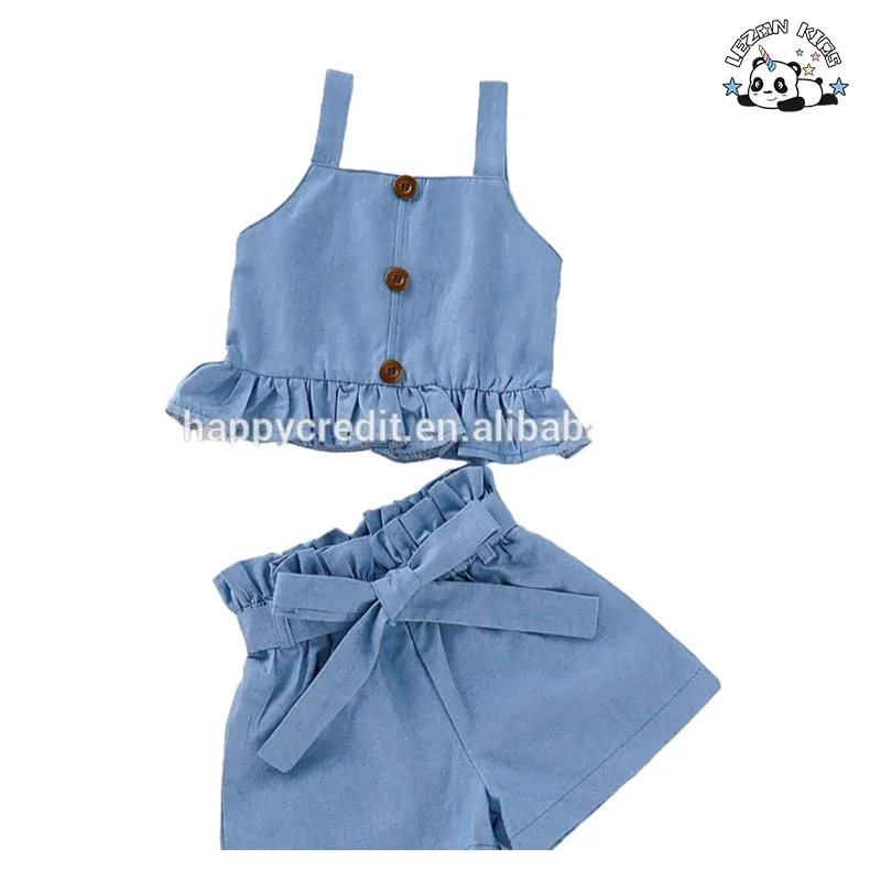 LEZONKIDS - Custom Kids Clothing Sets Blue Condole Top Ruffles Summer Western Style Denim Fabric Girl Clothing Set